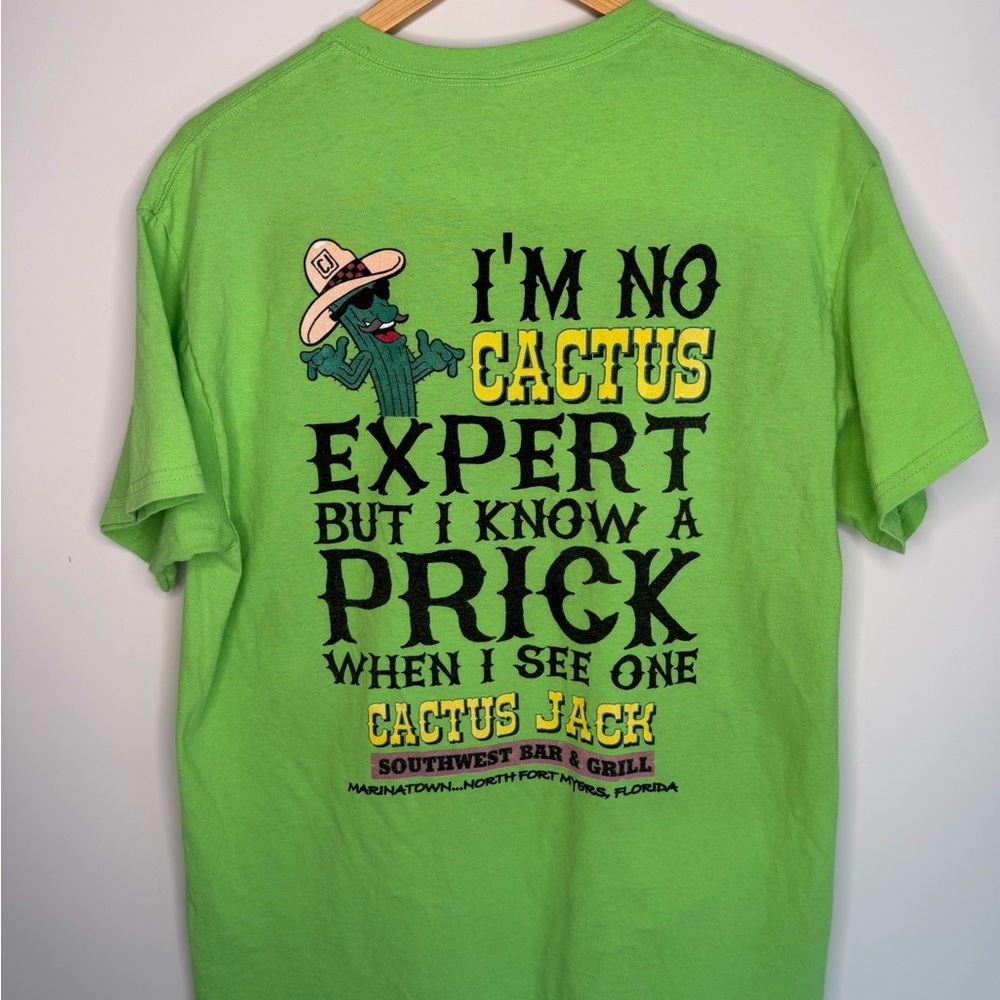 Vintage Cactus Jack Bar & Grill Graphic T-Shirt Neon Green Funny Back Print Tee